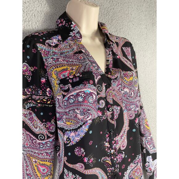 Express Women’s Paisley Button Down Shirt XS Black Multicolor Boho Blouse - Picture 4 of 10